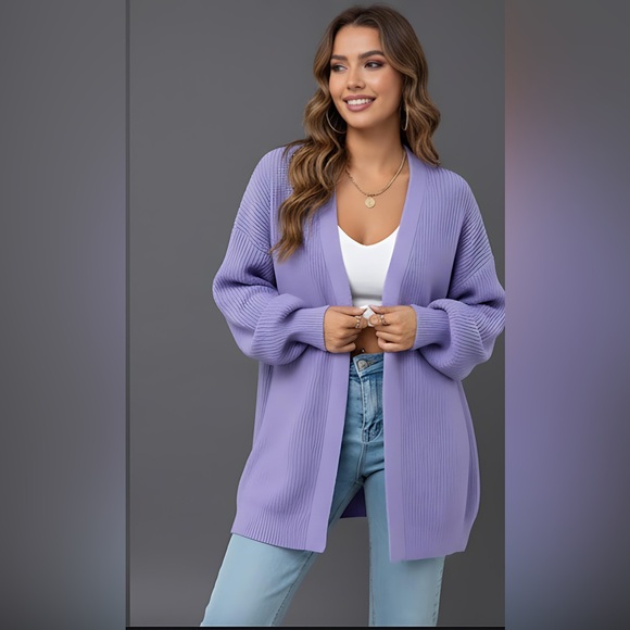Drop Shoulder Ribbed Knit Duster Cardigan Purple - Picture 3 of 8